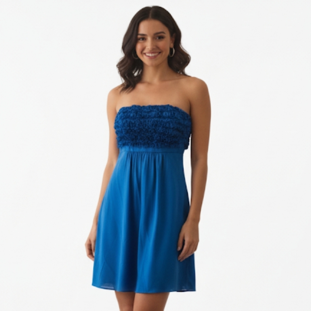 💋 Vintage BETSEY JOHNSON blue frilly babydoll strapless dress xs 0 satin